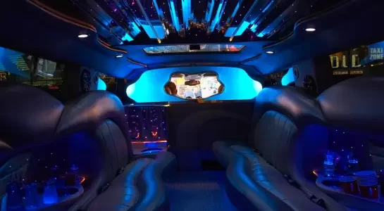 Bright lighting inside stretch limo